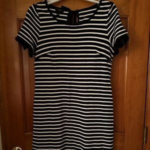 Talbots Petite Small Black Tassel Sleeve Stripe Cotton Dress